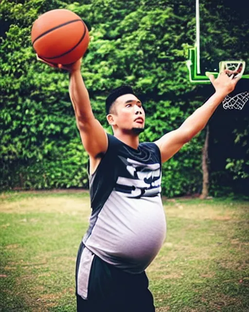 Prompt: “Attractive young Filipino man with a big pregnant belly playing basketball”