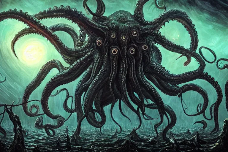 Image similar to man is seeing old god eldritch horror cthulhu terrifying the night sky of a city, epic scene, hyper - detailed, gigantic cthulhu, photo - realistic wallpaper, dark art, oil paint