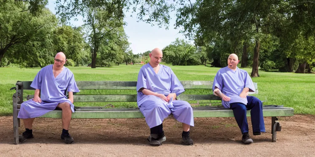 Image similar to A bald old man in a hospital gown and a bald kid sitting on a bench in the park .