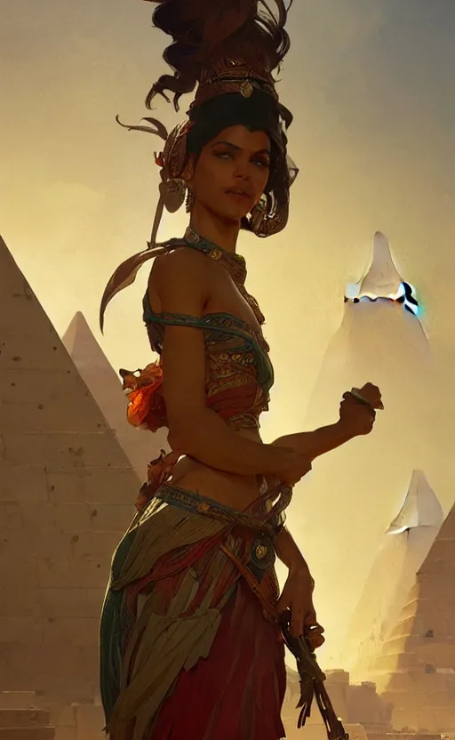 Prompt: a personification of the country egypt, highly detailed, digital painting, artstation, concept art, sharp focus, illustration, art by greg rutkowski and alphonse mucha