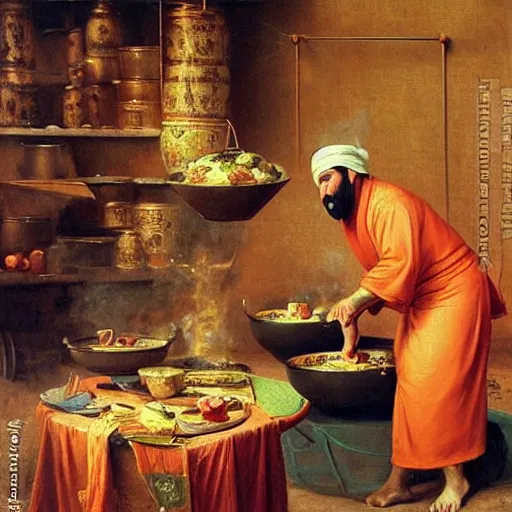 Image similar to orientalist painting of guy fieri cooking over a pot in the bazaar by jean - leon gerome and otto pilny and adrien henri tanoux