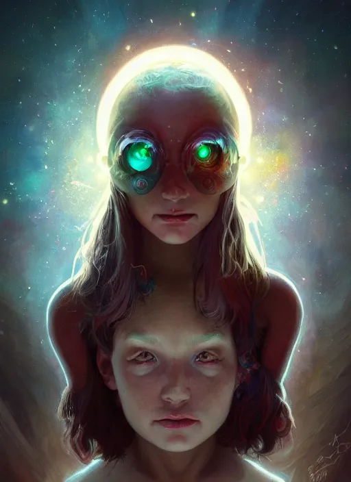 Image similar to three quarters portrait of a bioluminiscent baby creature with big glowing eyes, highly detailed, digital painting, cinematic, hyper realism, dark retrowave, art by Stanley Lau and Artgerm and magali villeneuve and Alphonse Mucha, artstation, octane render, cgsociety