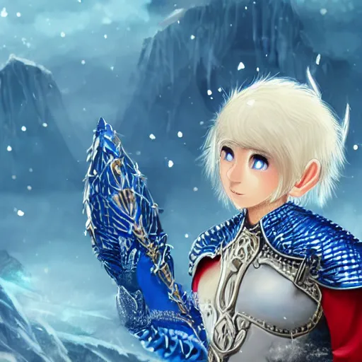 Prompt: short white haired elf male, wearing sparkling blue scalemail armour eating pasta in icy ruins with dragons overhead