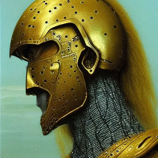 Image similar to portrait of powerful mighty noble knight in golden armour. He has golden hairs. Painting by Beksinski