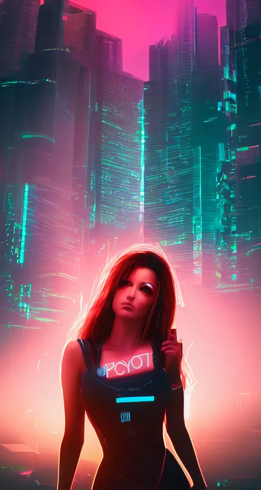 Image similar to Portrait of a beautiful cyberpunk women, trending on artstation, city skyline on background, neon lights, glow, sunset, crystal color, 4k