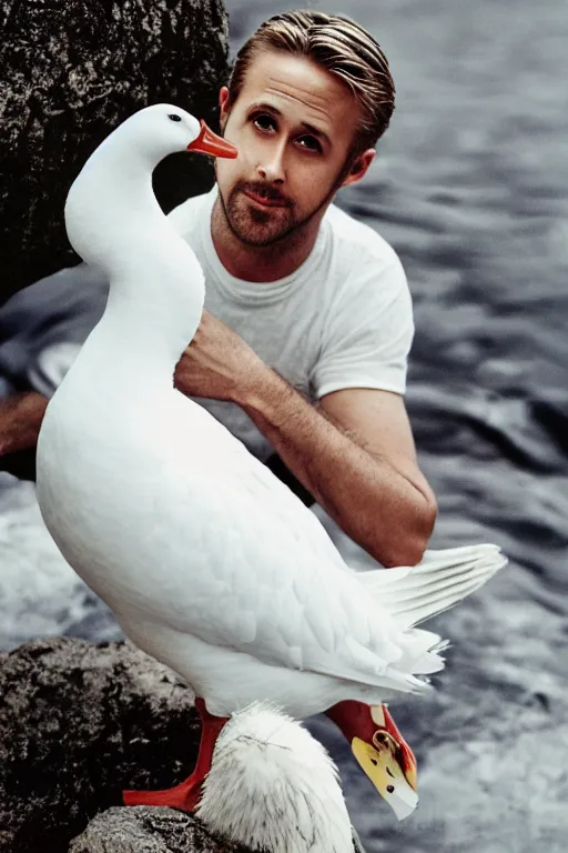 Image similar to ryan gosling fused with a white goose, wings, hands, natural light, bloom, detailed face, magazine, press, photo, steve mccurry, david lazar, canon, nikon, focus