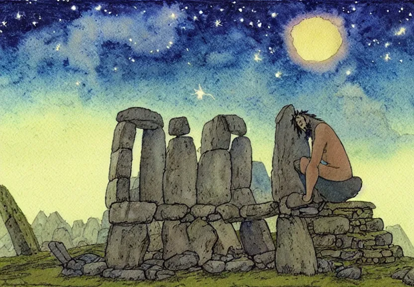 Image similar to a simple watercolor studio ghibli movie still fantasy concept art of a giant native american man sitting on a tiny stonehenge in machu pichu. it is a misty starry night. by rebecca guay, michael kaluta, charles vess