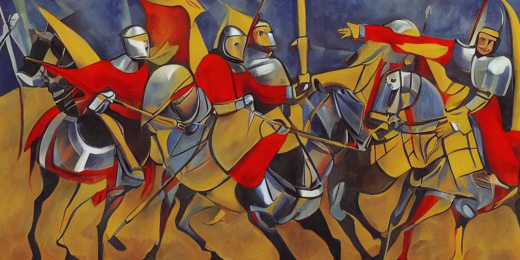 Image similar to futurism style painting of medieval knights jousting