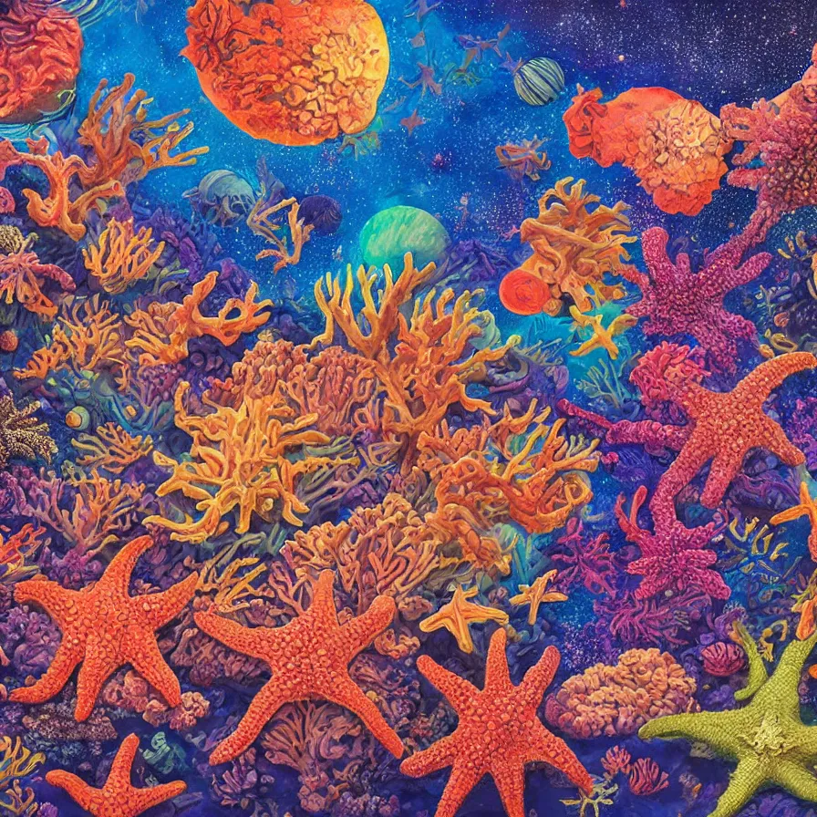Image similar to album art of an alien planet made out of different coloured corals, with big starfish, creatures, omni magazine, detailed