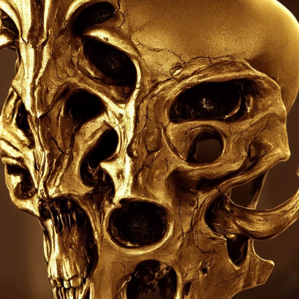 Prompt: Photorealistic epic egyptian god face close up portrait human skull, ram skull, jackal skull, gold, gemstones, gems, jewels. ominous, ancient magic, scary intricate artwork by Tooth Wu and beeple and Jake Baddeley. octane render, trending on artstation, greg rutkowski very coherent symmetrical artwork. cinematic, hyper realism, high detail, octane render, 8k