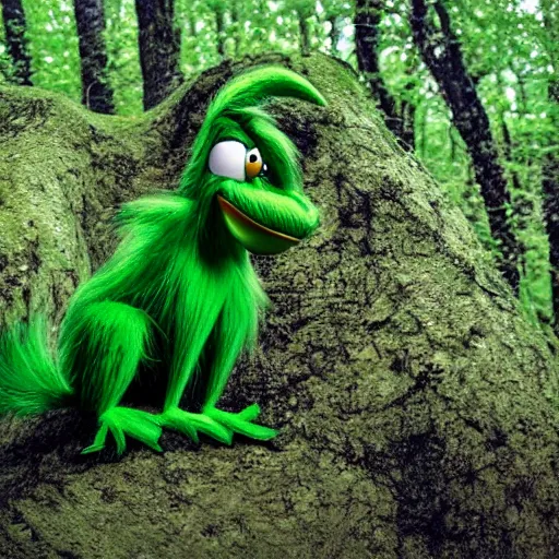 Prompt: green grinch lost in woods