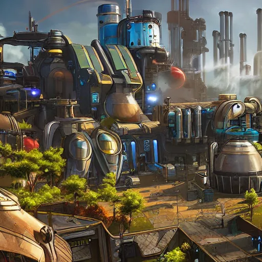 Prompt: sci fi power plant from apex legends in a pleasant urban setting surrounded by families, art station, ultra hd, soft light, overhead sun, ultra hd, art station