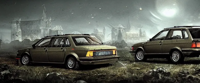 Image similar to Armored and Armed Military Audi 80 B3 Avant (1988) with a mounted M249, Dark Souls 3, Eldritch Horrors, Wretched and Corrupted Knights, a grim fantasy, Anor Londo, dramatic lighting, cinematic, establishing shot, extremely high detail, photorealistic, cinematic lighting, artstation, by simon stalenhag