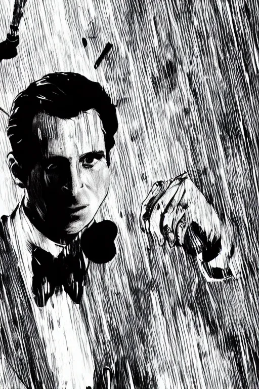 Prompt: black and white illustration of Patrick Bateman in a rainy street, neo noir style, Frank Miller creative design, body horror