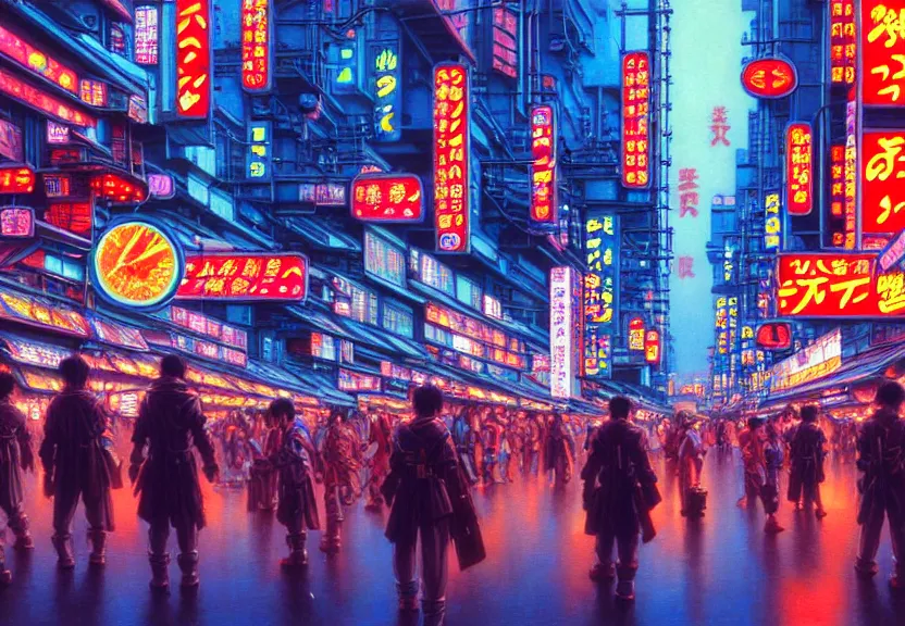 Prompt: market in japan, cyberpunk style with mecha humans, bright neon signs, sunny weather, tim hildebrandt, wayne barlowe, bruce pennington, donato giancola, larry elmore, oil on canvas, masterpiece, trending on artstation, featured on pixiv, cinematic composition, hyper - detailed, hd, hdr, 4 k, 8 k