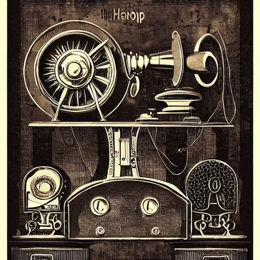 Prompt: “Old steampunk gramophone with antique loudspeakers and lots of wires. Dark, intricate, highly detailed, smooth, 19th century poster in style of Stanislav Vovchuk”