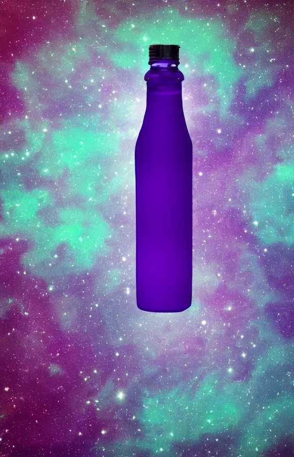 Prompt: purple liquid inside a bottle, universe background, minimalist artwork,