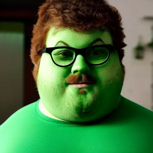 Prompt: a chubby man with small eyes that are far apart he has ginger hair and a goatee and is wearing a green morph suit and glasses,