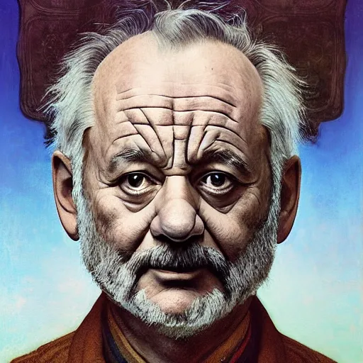 Prompt: a portrait of bill murray wearing a armor, titian, sam spratt, maxfield parrish, gustav klimt, tom bagshaw, mark ryden, alphonse mucha, rembrandt, high quality, painting, oil