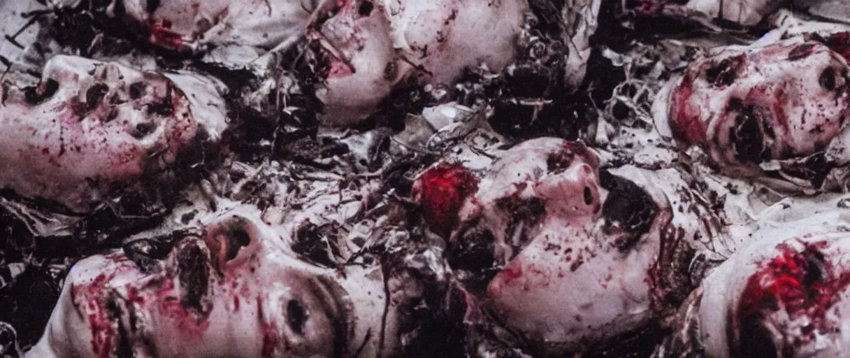 Image similar to filmic closeup dutch angle movie still 4k UHD 35mm film color photograph of a dozen burnt corpses with frozen pained expressions, on the floor of a a science lab , in the style of a 1980s horror film