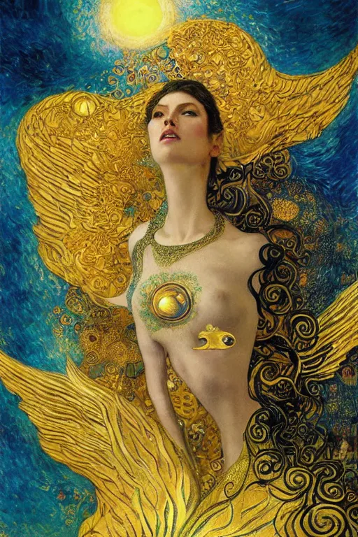 Prompt: Visions of Paradise by Karol Bak, Jean Deville, Gustav Klimt, and Vincent Van Gogh, visionary, otherworldly, dreamscape, radiant halo, fractal structures, infinite wings, ornate gilded medieval icon, third eye, spirals, heavenly spiraling clouds with godrays, airy colors