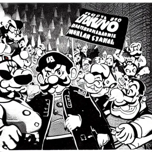 Image similar to Nintendo Wario war crimes trial historical archive photography Smithsonian Soviet propaganda