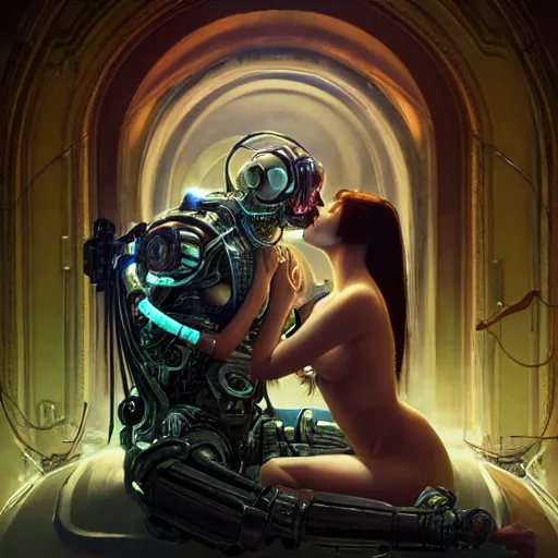 Image similar to ultra realistic medium shot of a couple of cyborgs kissing, lovers, cyberpunk, sci - fi, fantasy, kodak, colour led, soft light, volumetric lighting, night, intricate, highly detailed, digital painting, concept art, smooth, sharp focus, illustration, art by artgerm and greg rutkowski and alphonse mucha