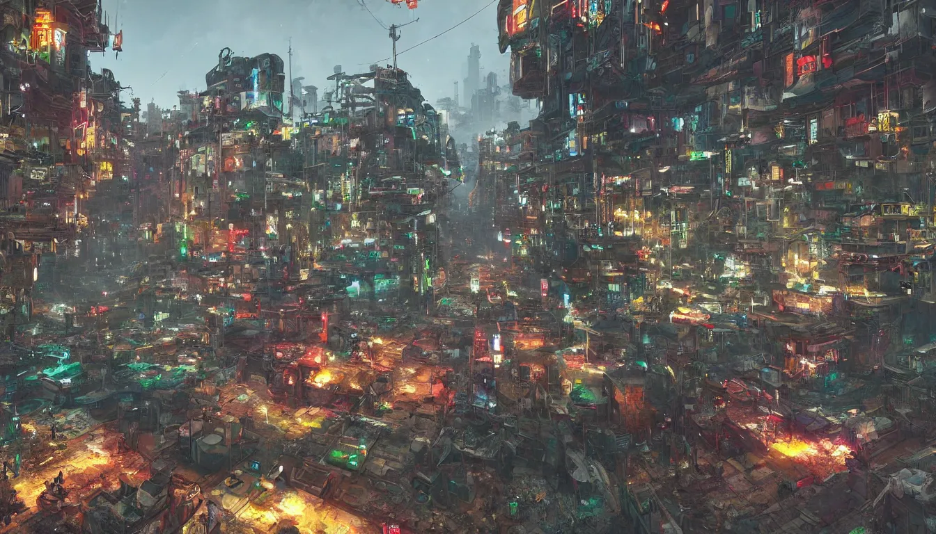 Prompt: a landscape of a post cyberpunk village multicolour. intricate, unreal engine, by greg rutkowski.