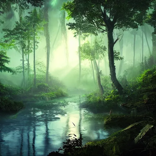 Image similar to jungle glowing river, into the forest, landscape, morning ambience, cinematic, digital art, front lit, epic, cinematic, concept art