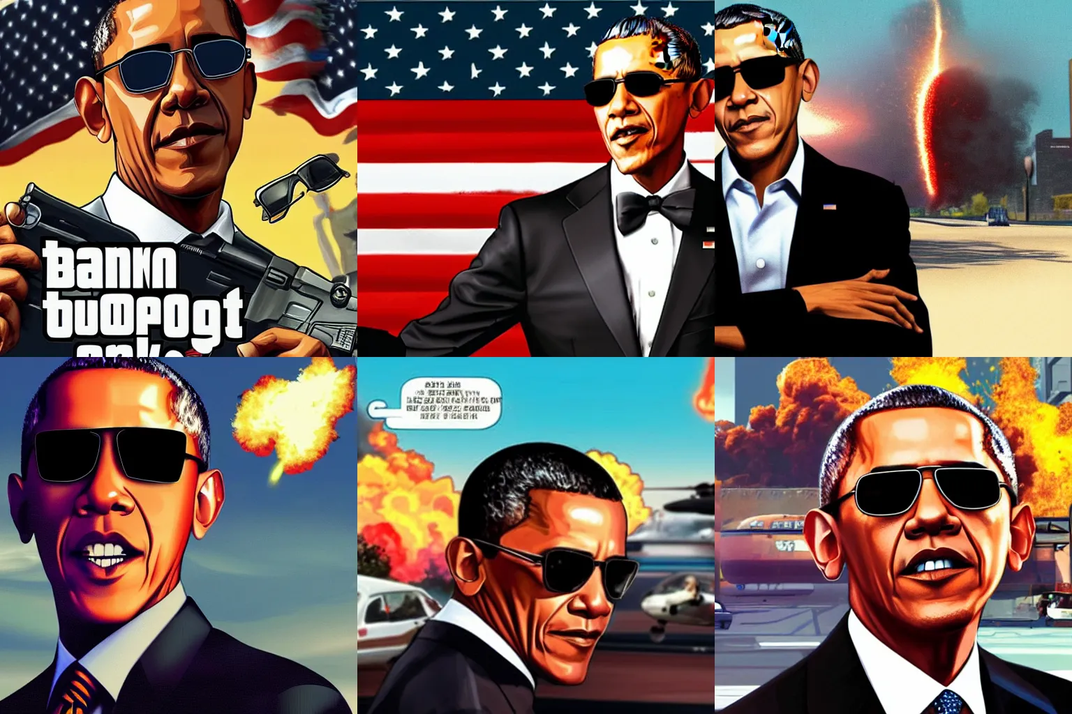 Prompt: Barack Obama wearing Sunglasses, explosion in the Backround, gta cover art