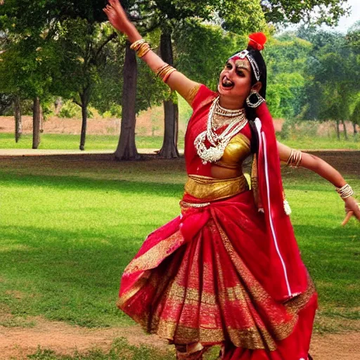 Prompt: beautiful Indian goddess dancing on a poll