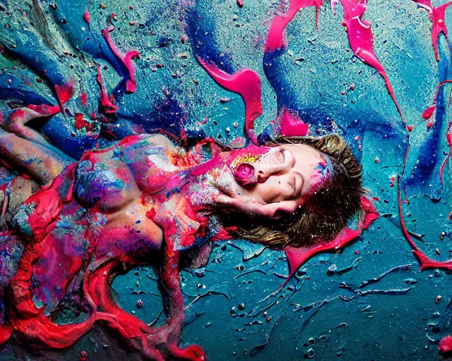 Prompt: underwater still shot of a closed eyed female head exploding into paint frottage and decalcomania and acrylic pour and coloured powder explosion and splashing paint and dripping paint and flying paint chunks, embossed paint, motion blur, hyperrealistic, intricate underwater art photography, hyperrealistic, anatomically correct, realistic crisp textures, 1 6 k,