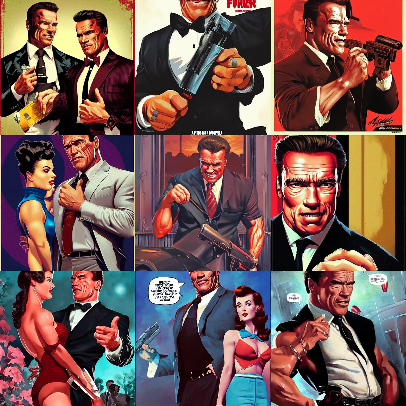 Prompt: Arnold Schwarzenegger is a mafia boss. art by Gil Elvgren and Fernanda Suarez and Sachin Teng