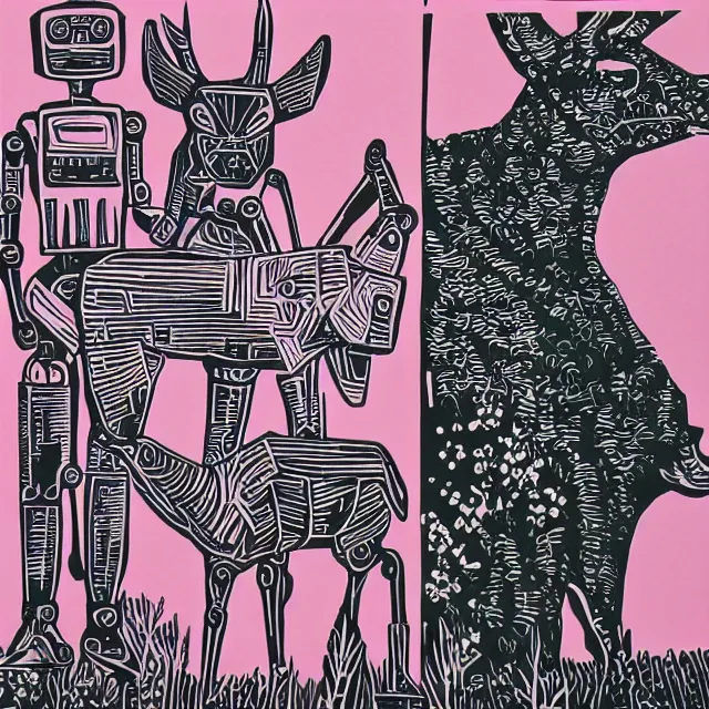 Image similar to linocut of a robot and a deer. pink, black and white color pallette.