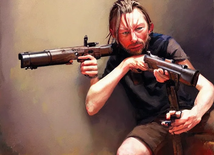 Image similar to a highly detailed beautiful portrait of thom yorke with a gun, by gregory manchess, james gurney, james jean