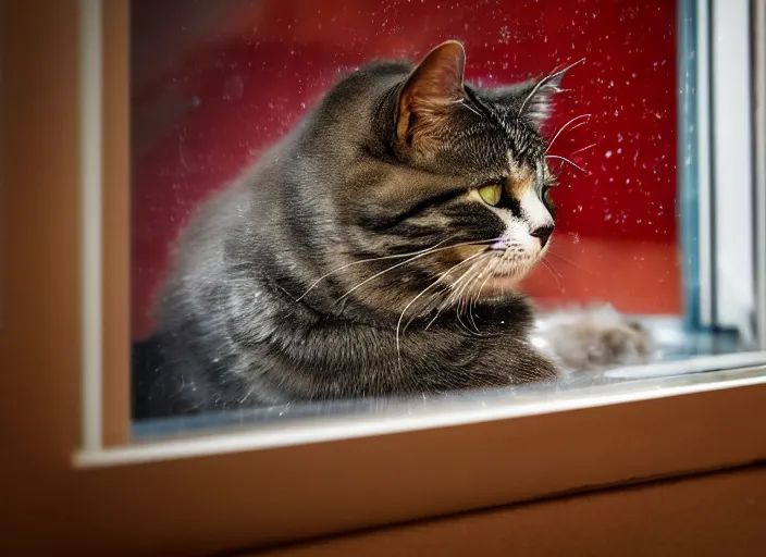 Image similar to photography of a Cat . watching outside the window while it rains. on a bed. in a 70's room full of vinyls and posters, photorealistic, raining award winning photo, 100mm, sharp, high res