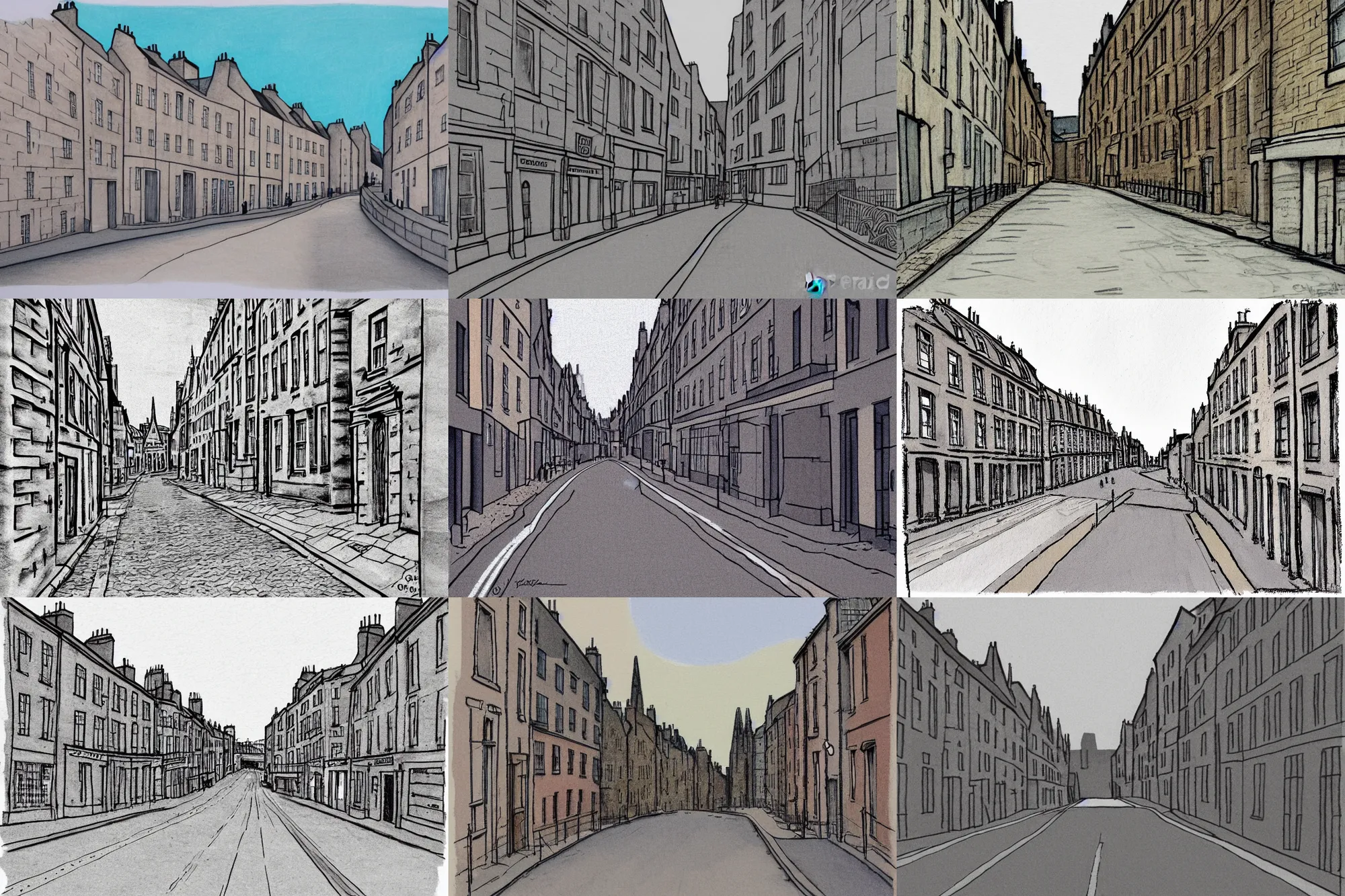 Prompt: ligne claire illustration of a empty street in edinburgh, lightly shaded with pastel colours