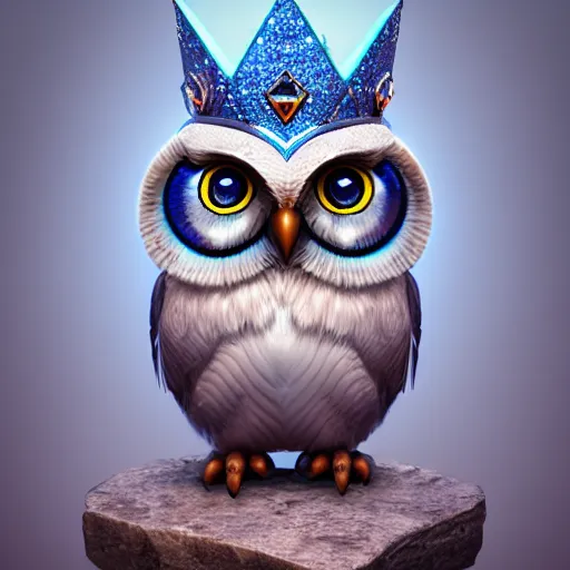 Prompt: cute owl, charactor, big blue eyes, with a diamond crown on his head, magical, warrior, hyper detailed, stylistic, symmetrical, 3 d render, photorealitic, 8 k, octane render