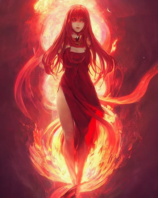 Image similar to red eyed beautiful long haired anime girl, fire dress, full body photo, flames everywhere, highly detailed, digital painting, artstation, concept art, smooth, sharp focus, illustration, art by artgerm and greg rutkowski and alphonse mucha