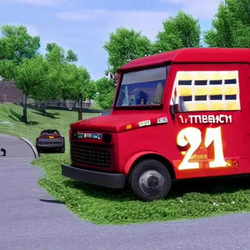 Image similar to mail man driving a mail van filled with potatoes in pittsburgh real life, 8 k, 4 k uhd, realistic, hyper realistic, super detailed, very detailed, detailed