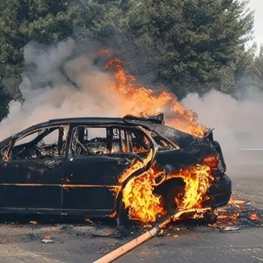 Image similar to A still of a destroyed car on fire, slow motion flames