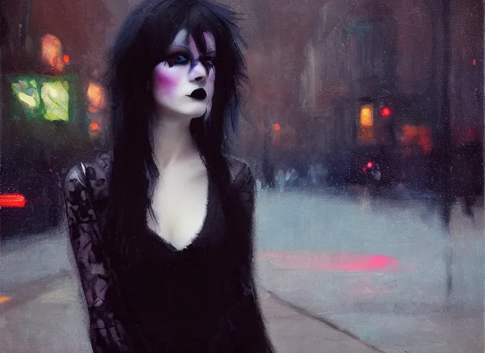 Prompt: detailed portrait of a goth punk girl with blue eyes in the city street at night, bokeh, long exposure, painting by jeremy lipking christopher doyle