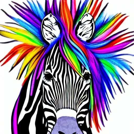 Prompt: A black and white zebra with a rainbow mane drawn in a realistic style.