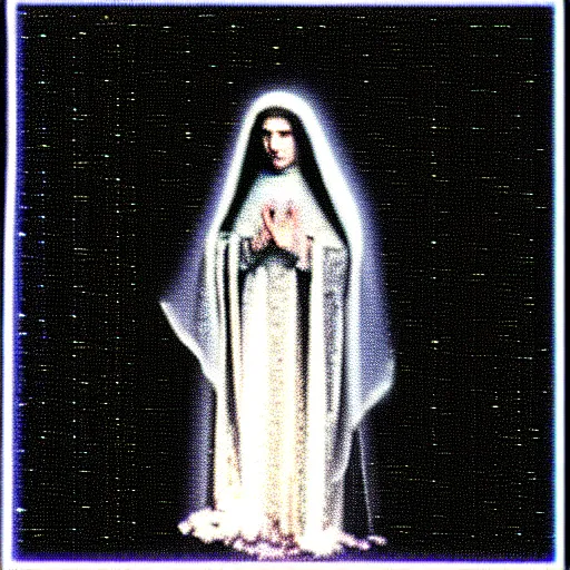 Image similar to vhs static overlay of marian apparition, vhs, 1 9 9 0, highly realistic, highly detailed, vhs noise static, black and white, vhs glitch