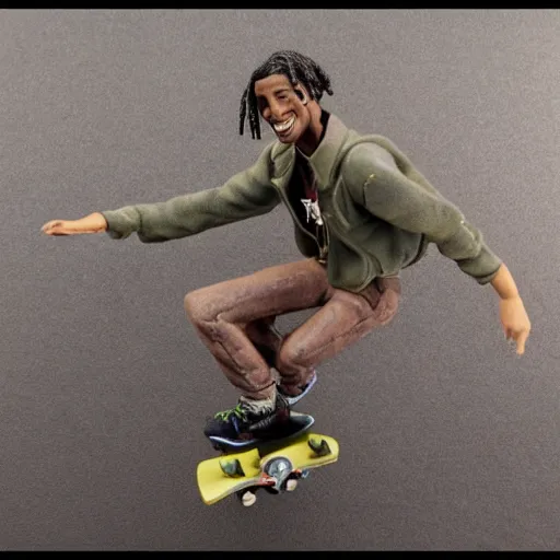 Prompt: 120mm detailled clay figure of travis scott doing a kickflip