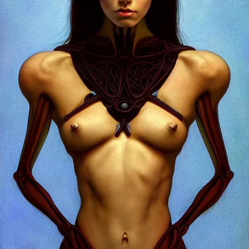 Image similar to wide angle full body portrait of an alien female, a perfect face and perfect body, thin waist, plastinated cross-section, internal structures, intricate, single face, highly detailed, digital painting, artstation, concept art, smooth, sharp focus, illustration, Unreal Engine 5, 8K, art by artgerm and greg rutkowski and alphonse mucha