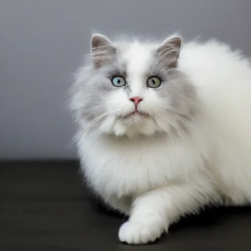 Prompt: Fluffy white and gray cat, very cute, 4K