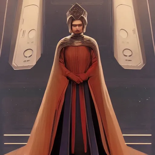 Image similar to Queen Amidala addressing the Galactic Senate in Star Wars Episode 1, partly in the style of Sergeant, partly in the style of Ruan Jia, trending on artstation, high detail, masterpiece