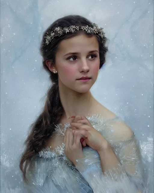 Prompt: a portrait painting of a shy, blushing 1 6 - year old alicia vikander or millie bobby brown as elsa, a princess of the ice and snow, in a snowy setting at night, intricate, elegant, highly detailed, artstation, concept art, by krenz cushart and donato giancola and william adolph bouguereau and alphonse mucha