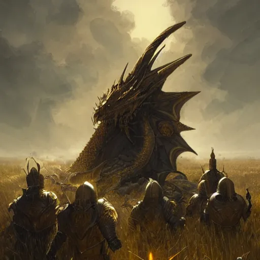 Image similar to 7 knights in golden armor watching a dead dragon body crushed in a field, fantasy, highly detailed, digital painting, artstation, concept art, illustration, art by Greg Rutkowski